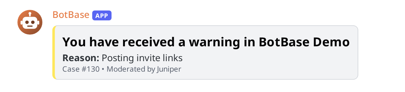 The warning DM: the server, the reason, the moderator and the case number