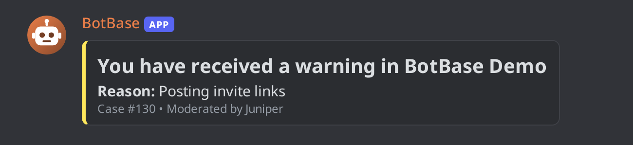 The warning DM: the server, the reason, the moderator and the case number