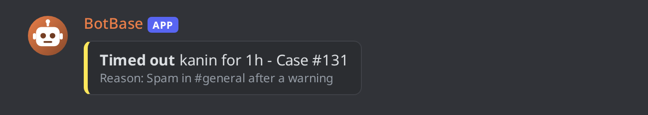 The private confirmation after a timeout: "Timed out kanin for 1h - Case #131" with the reason