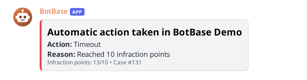 The infraction DM: the action taken, the reason, the member's points and the threshold reached