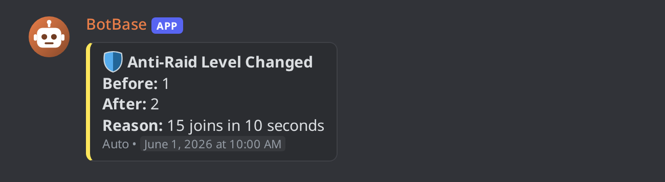 A mod log entry for an automatic anti-raid change from level 1 to level 2, with the reason
