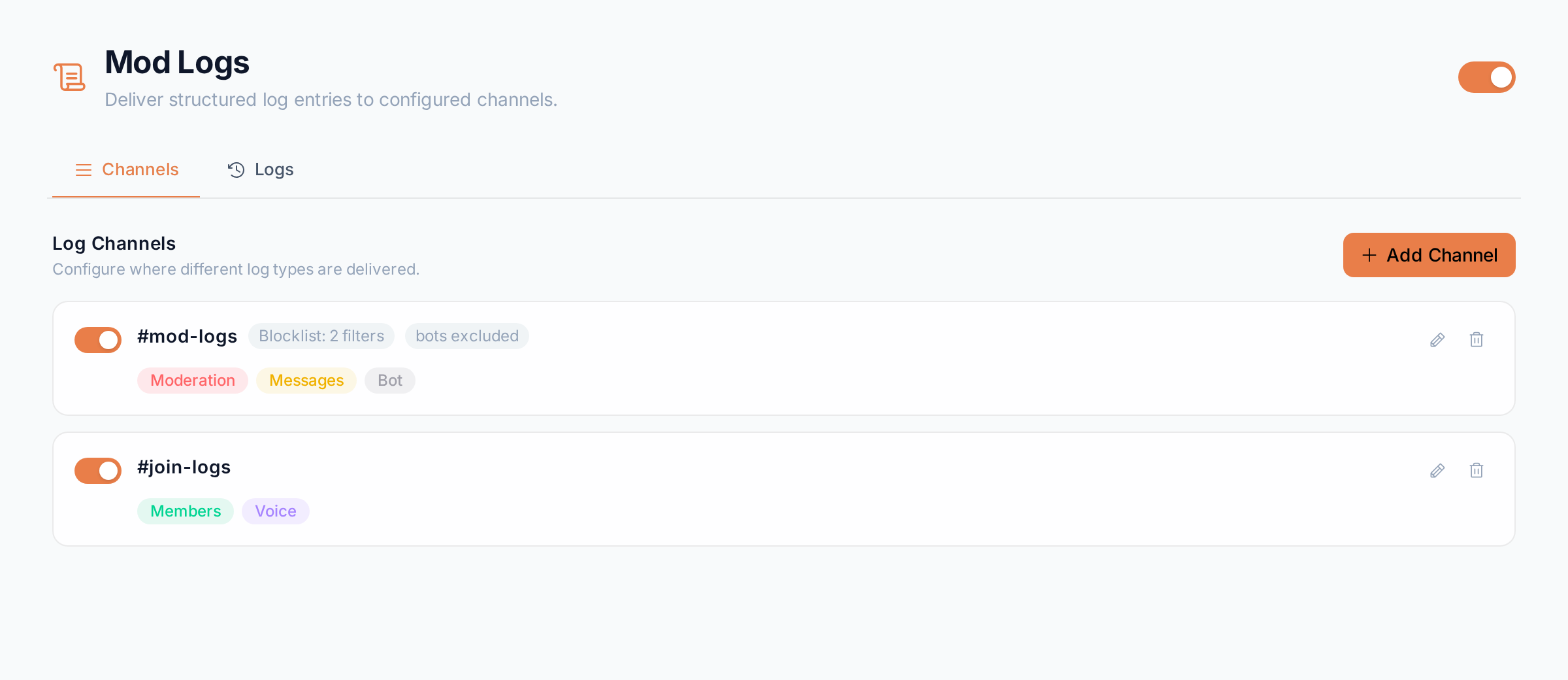 The Mod Logs Channels tab with two log channels, their categories and filter badges