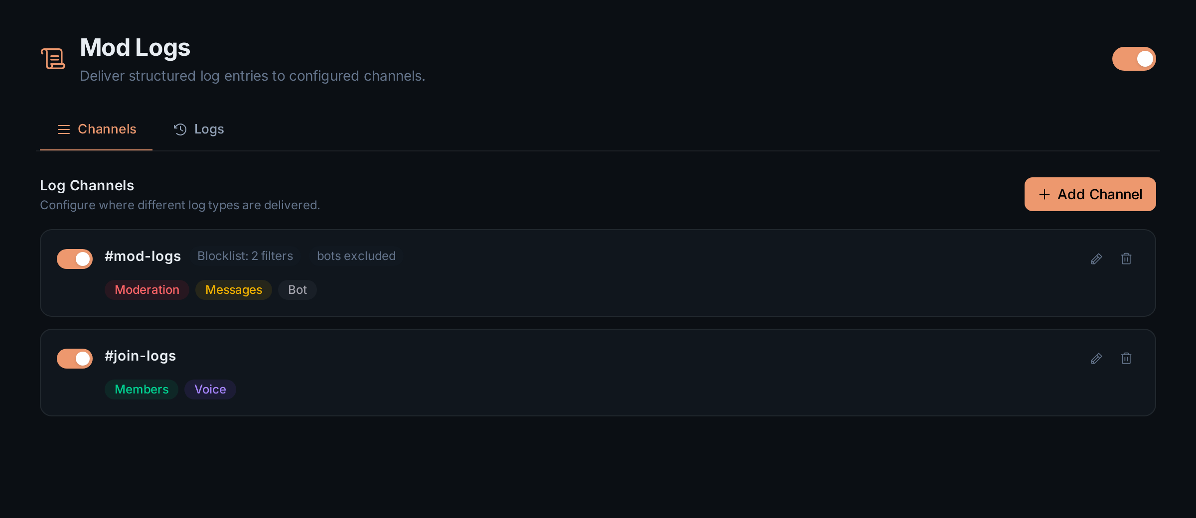 The Mod Logs Channels tab with two log channels, their categories and filter badges