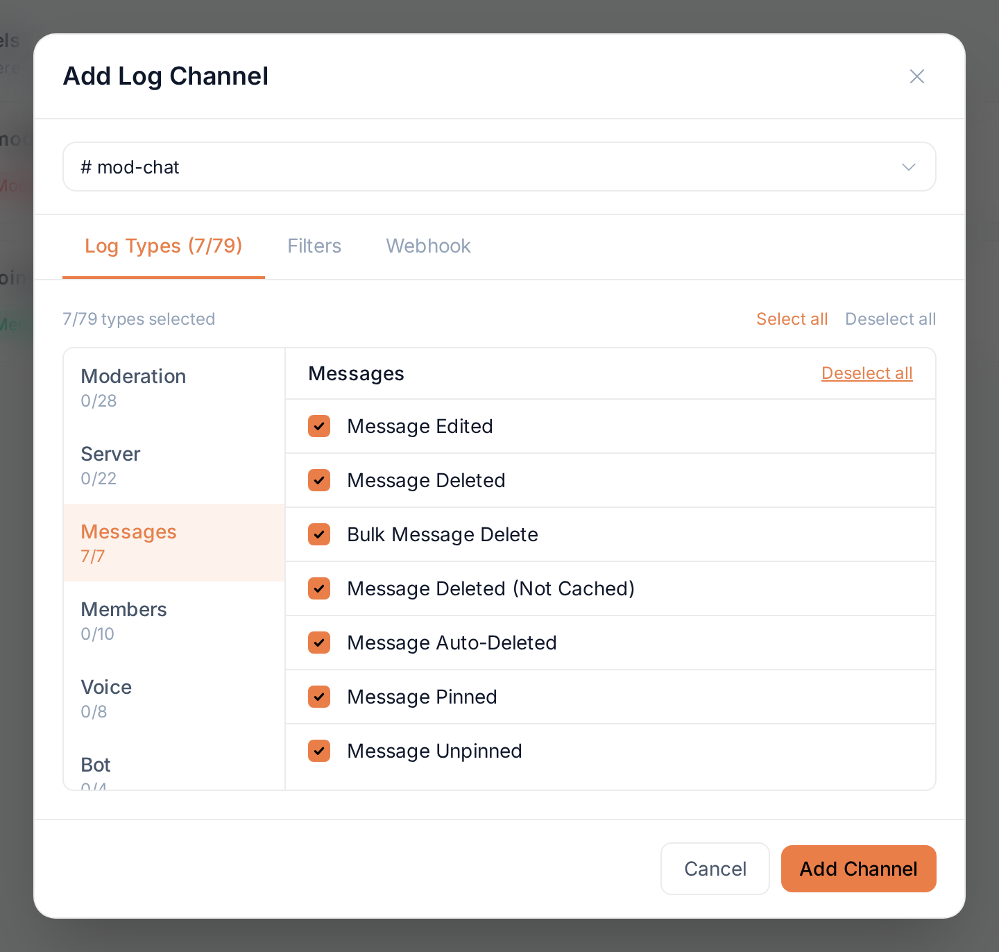 The Add Log Channel dialog with the Messages category selected in full