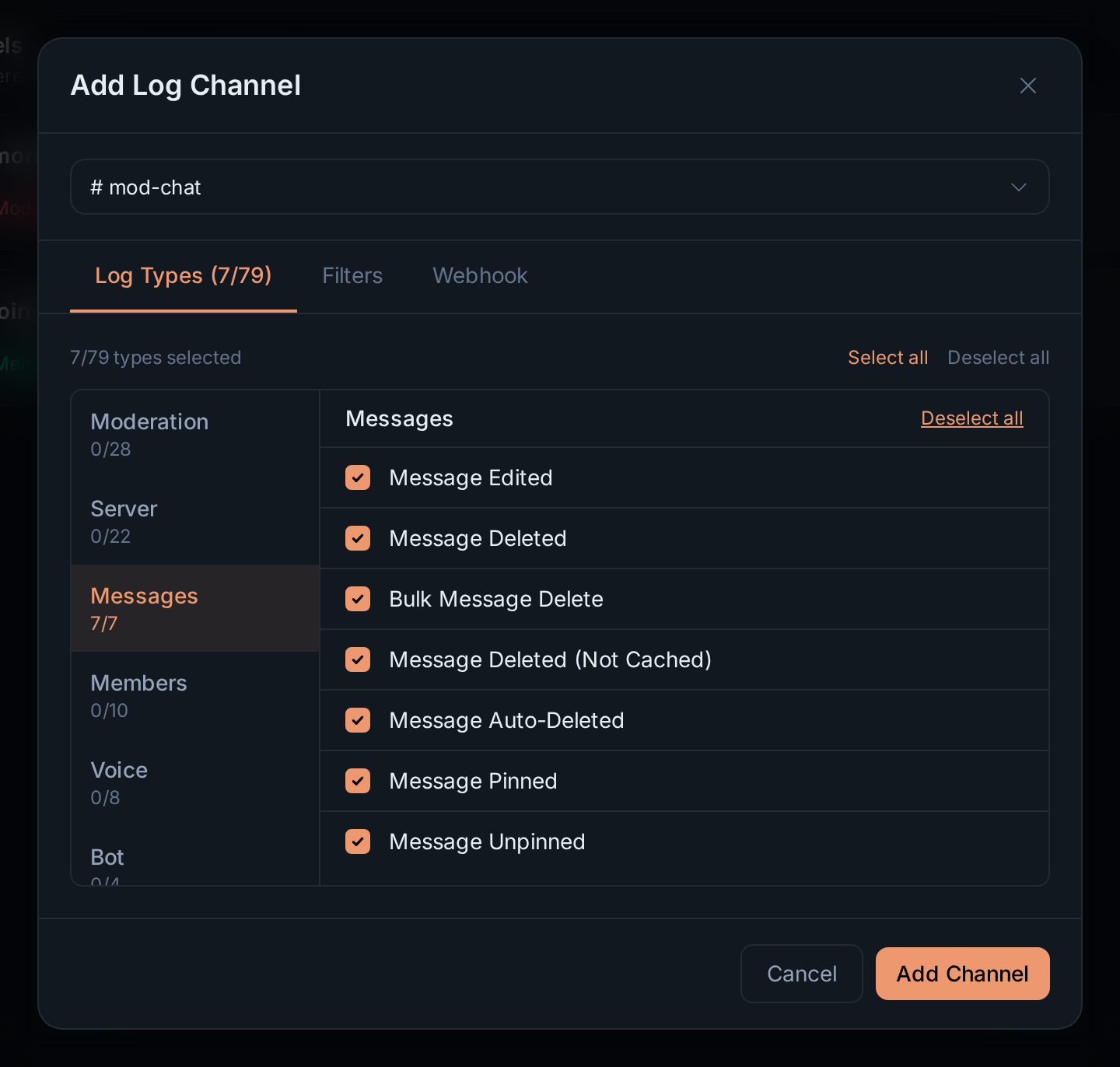 The Add Log Channel dialog with the Messages category selected in full