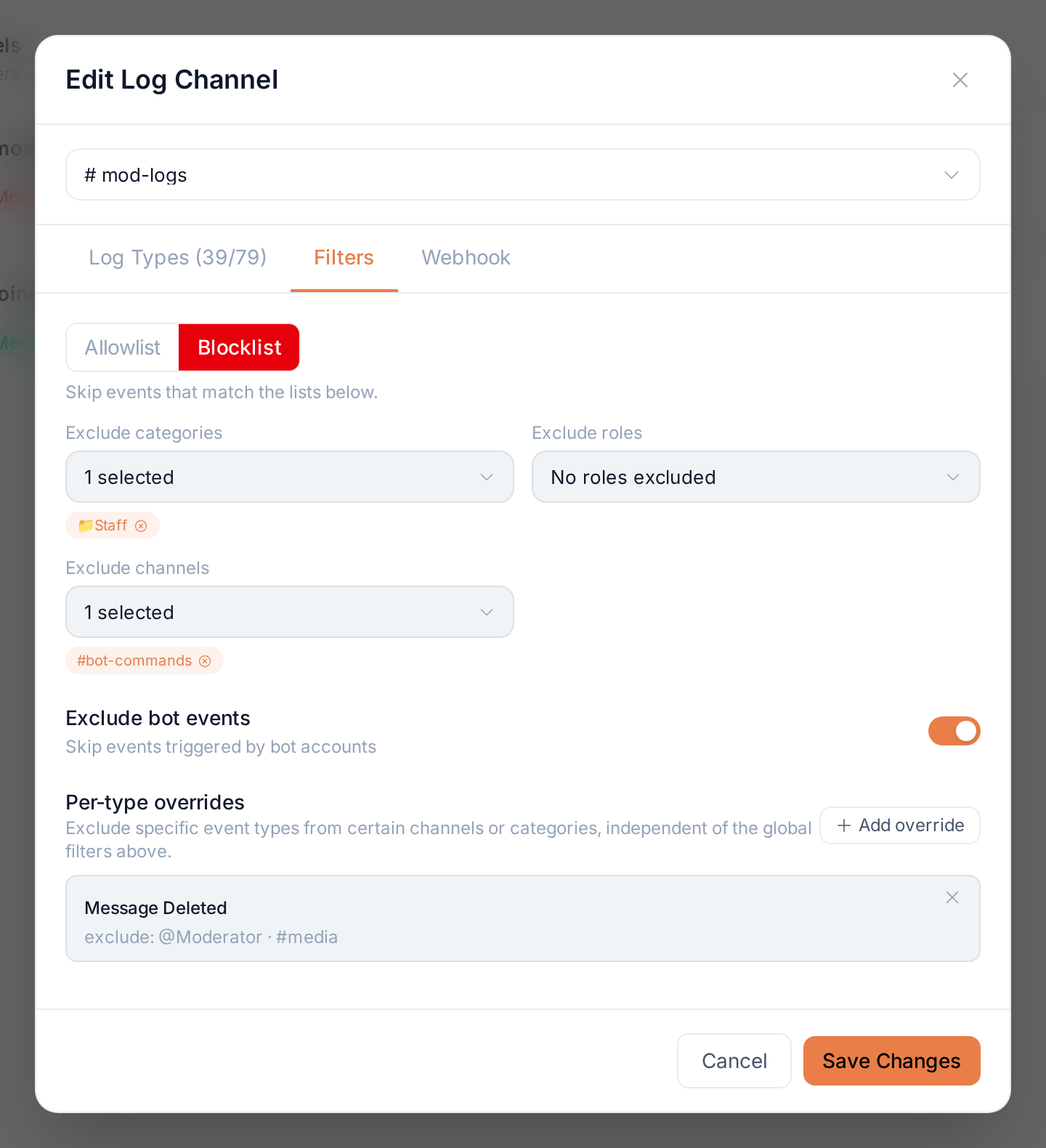 The Filters tab of a log channel in Blocklist mode, excluding the Staff category and #bot-commands, with bot events excluded and one per-type override