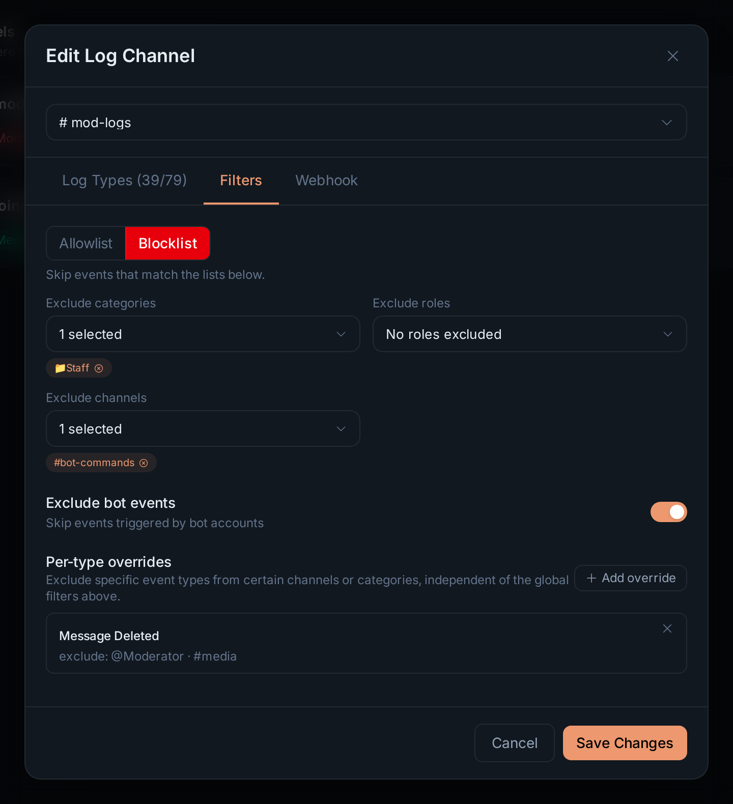 The Filters tab of a log channel in Blocklist mode, excluding the Staff category and #bot-commands, with bot events excluded and one per-type override