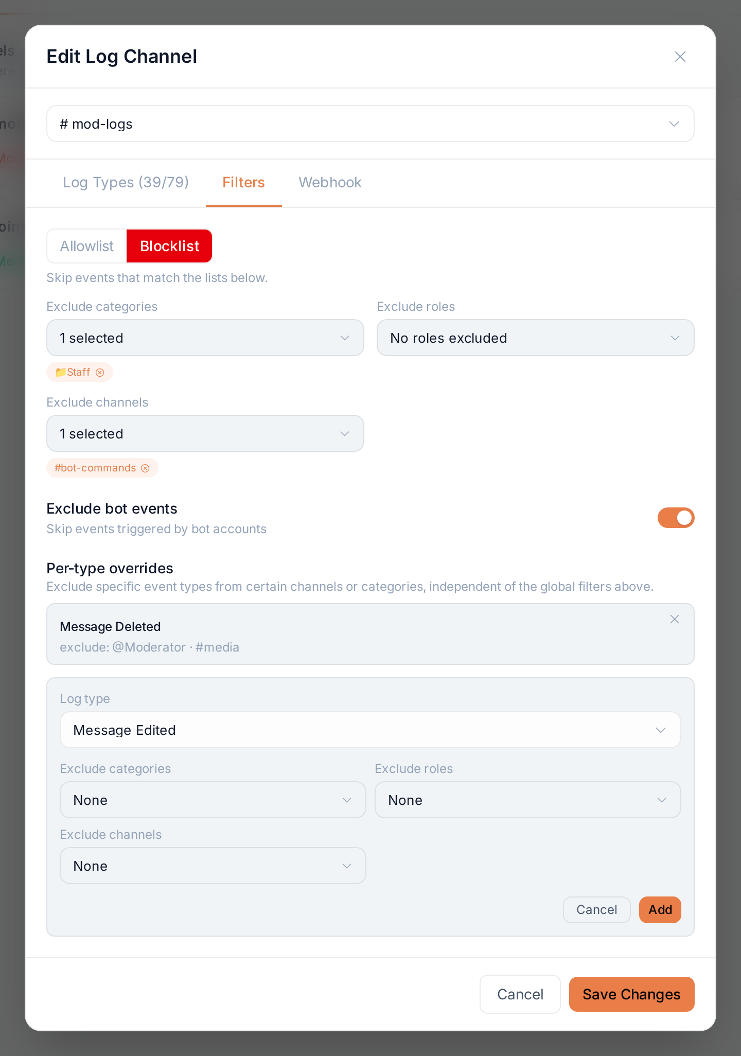 Adding a per-type override for Message Edited, with its exclude lists