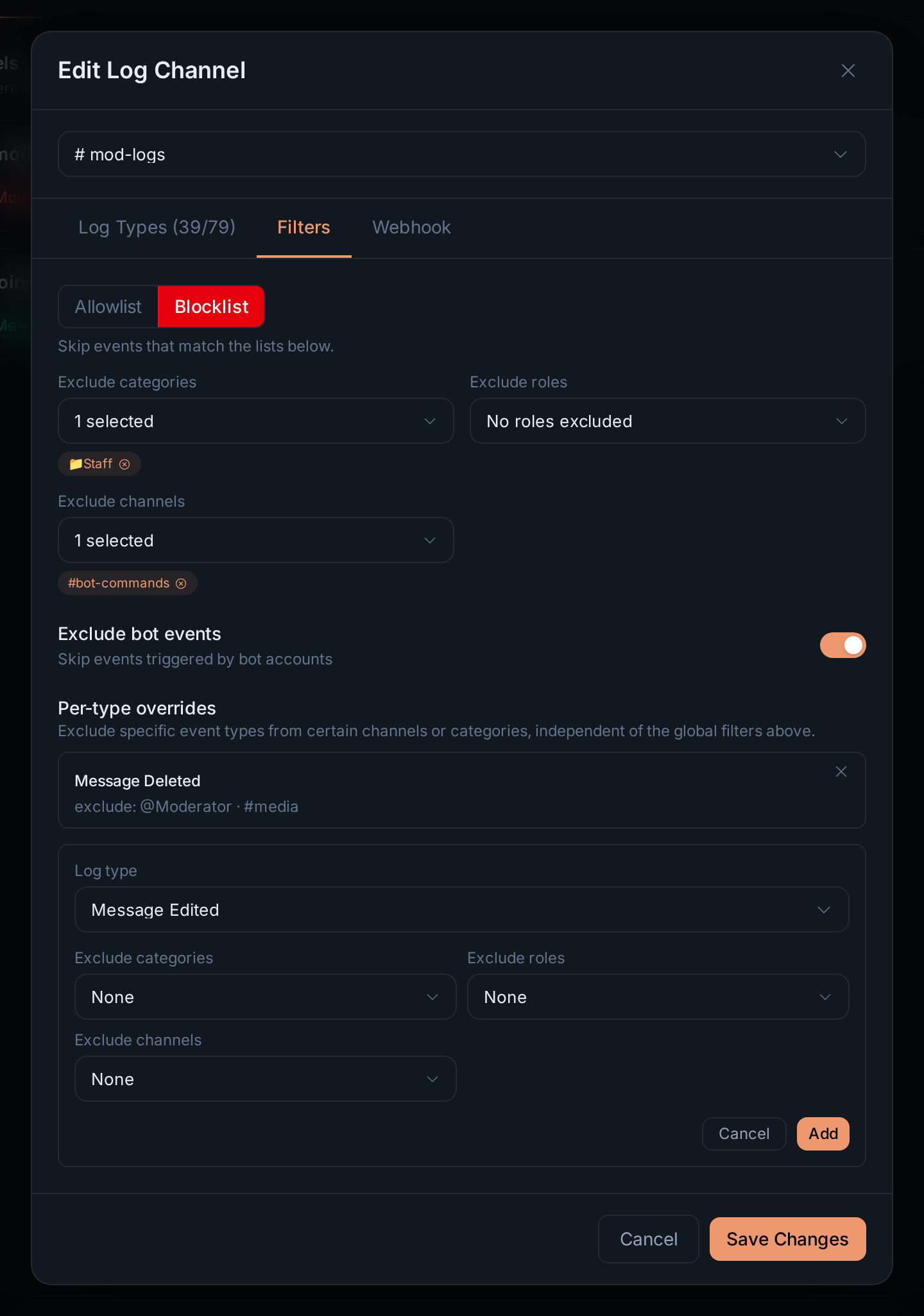 Adding a per-type override for Message Edited, with its exclude lists