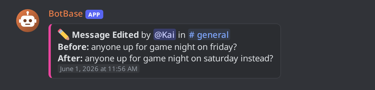 A message edit entry showing the author, the channel, and the text before and after