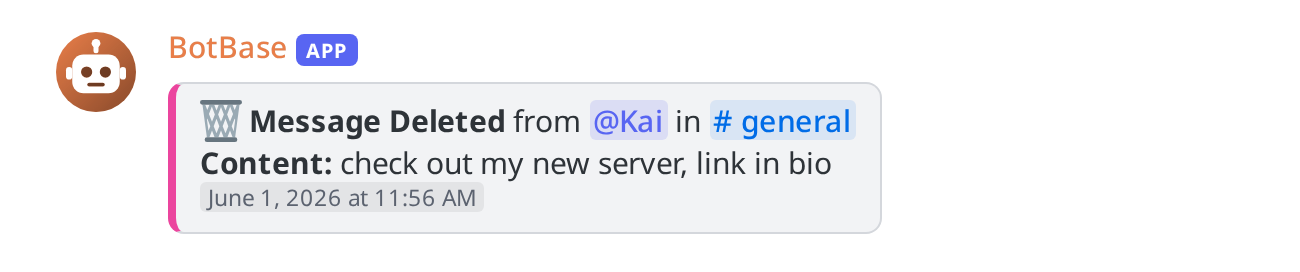 A message delete entry showing the author, the channel and the deleted text