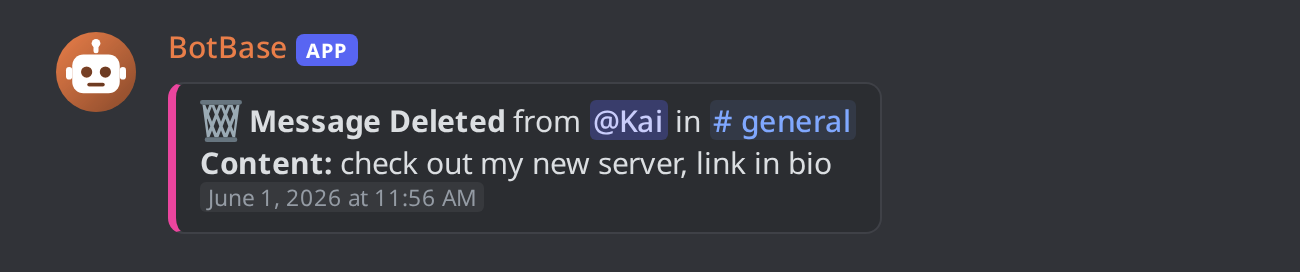 A message delete entry showing the author, the channel and the deleted text