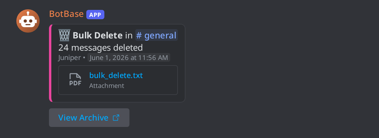A bulk delete entry for 24 messages in #general, with the bulk_delete.txt attachment and the View Archive button