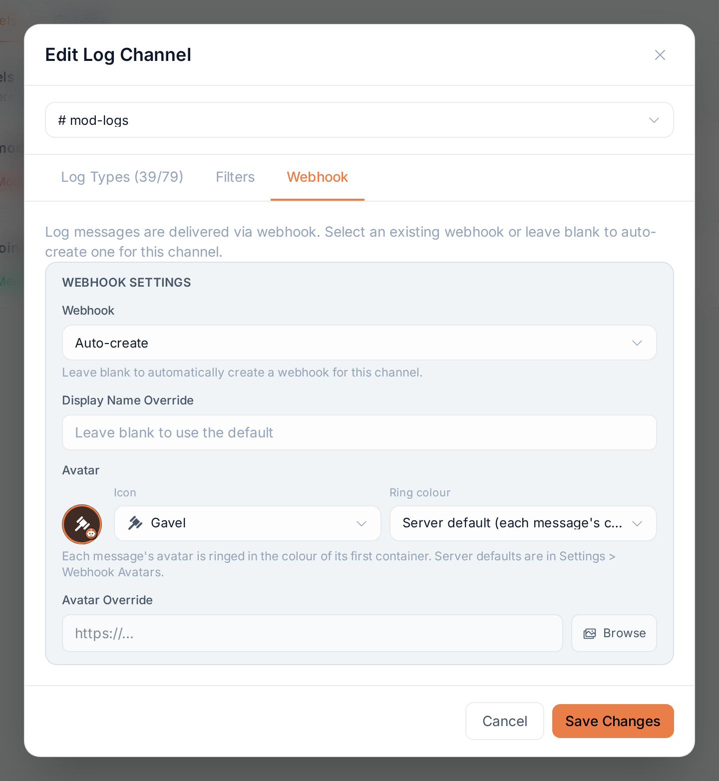A log channel's Webhook tab: the Avatar icon and ring colour with a preview, and the name and avatar overrides