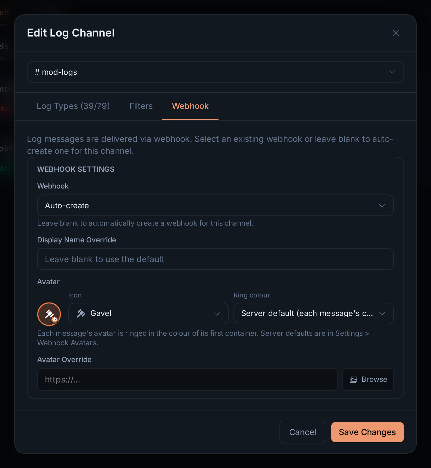 A log channel's Webhook tab: the Avatar icon and ring colour with a preview, and the name and avatar overrides