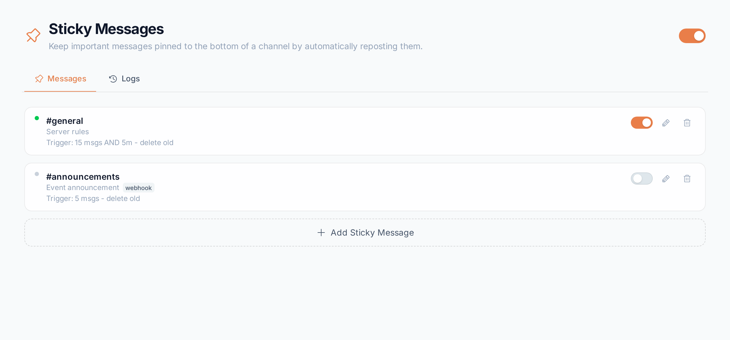 The Messages tab with two stickies