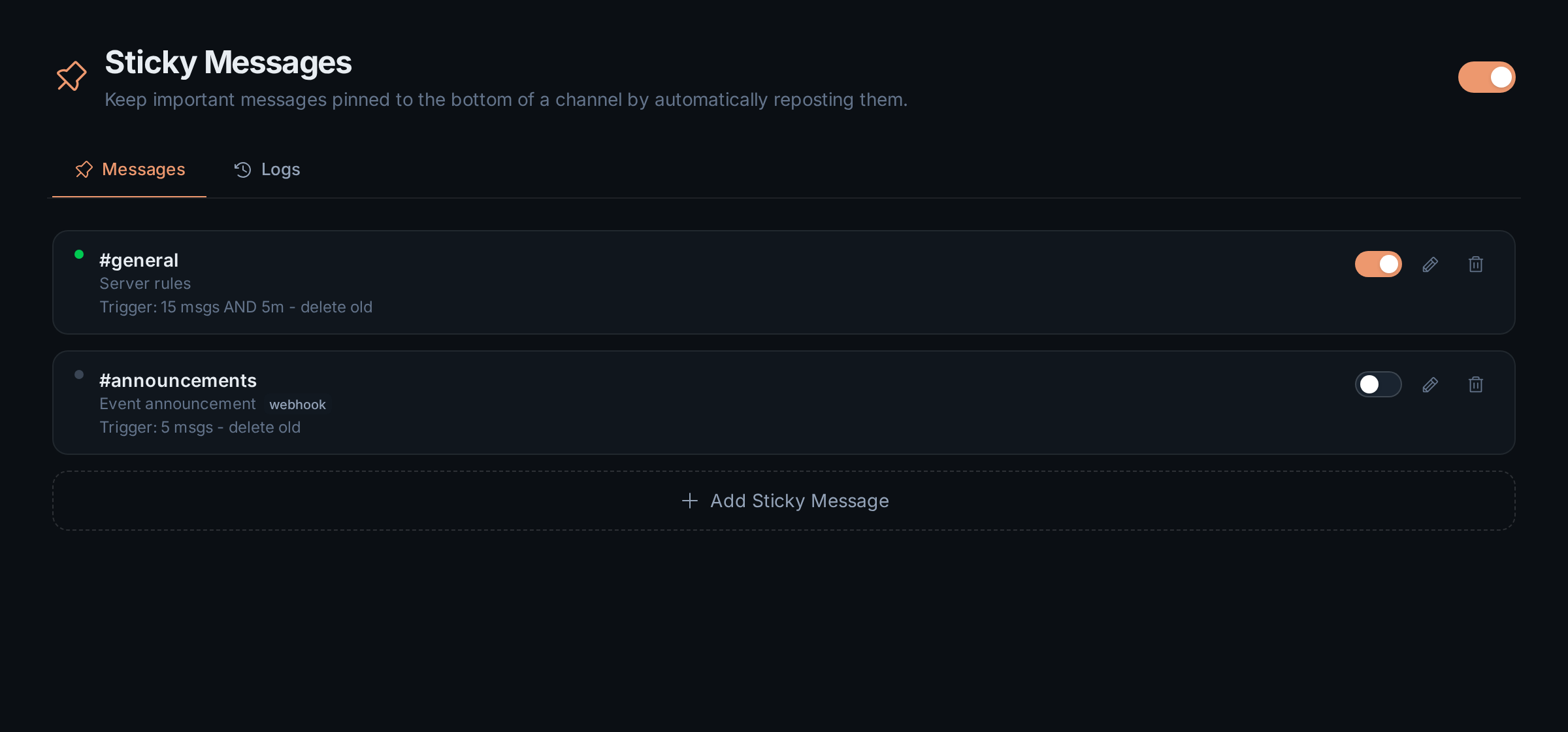 The Messages tab with two stickies
