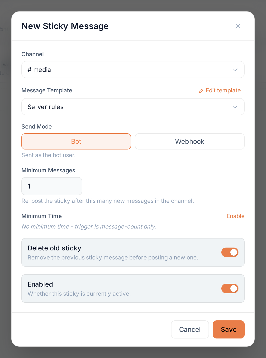 The New Sticky Message dialog