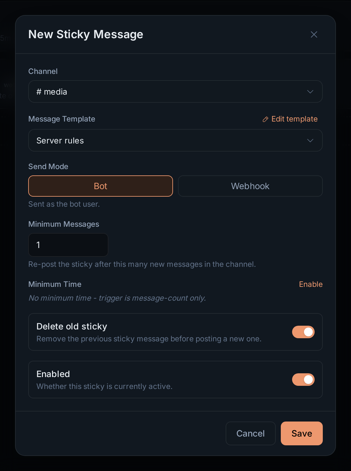 The New Sticky Message dialog