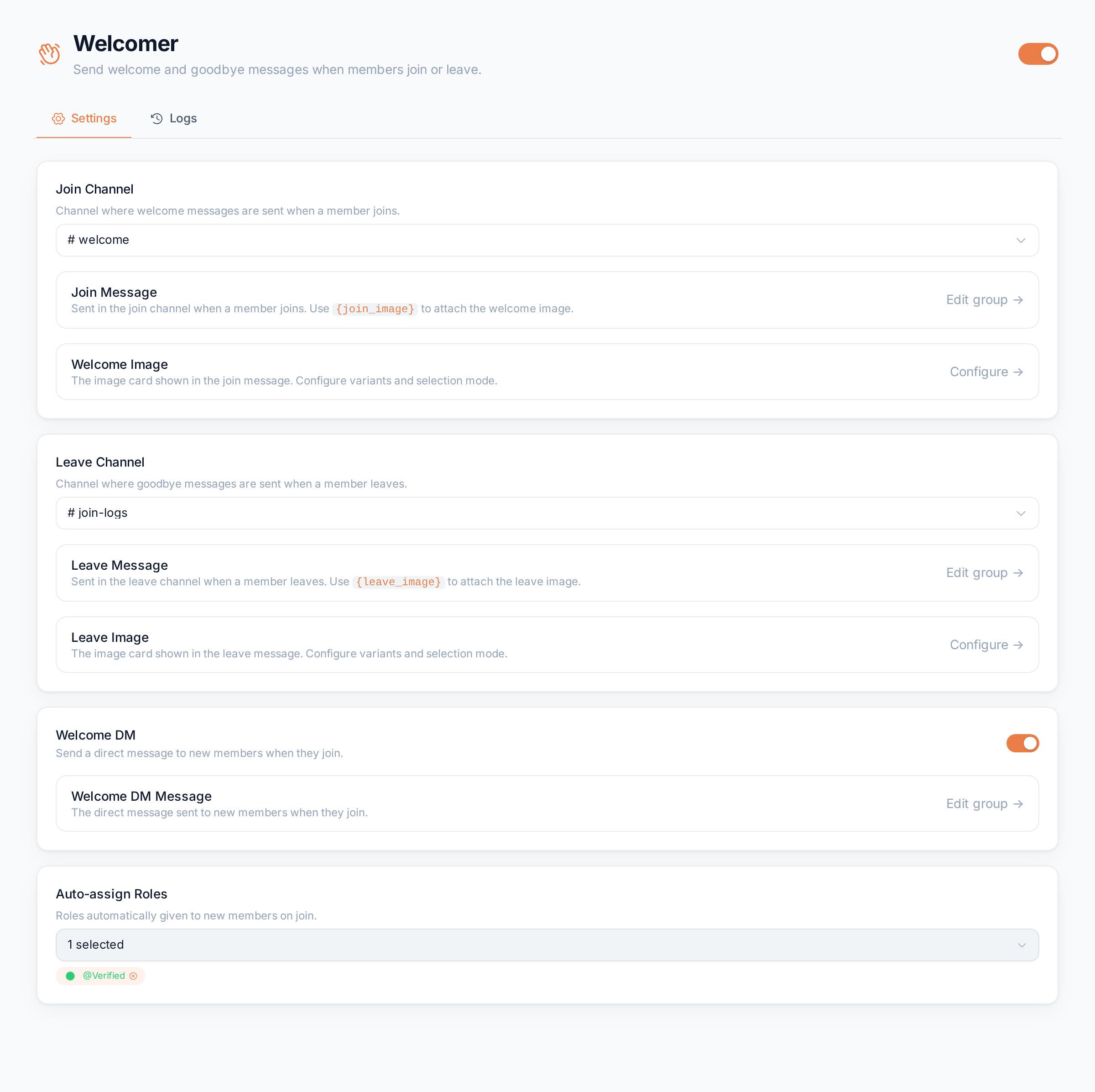 The Welcomer settings tab