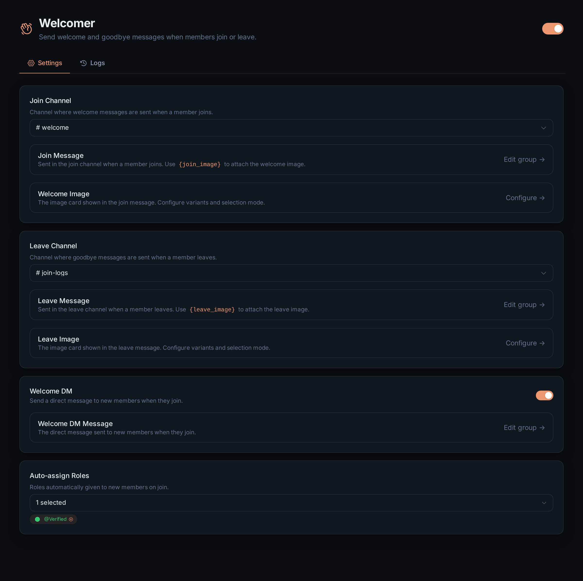 The Welcomer settings tab