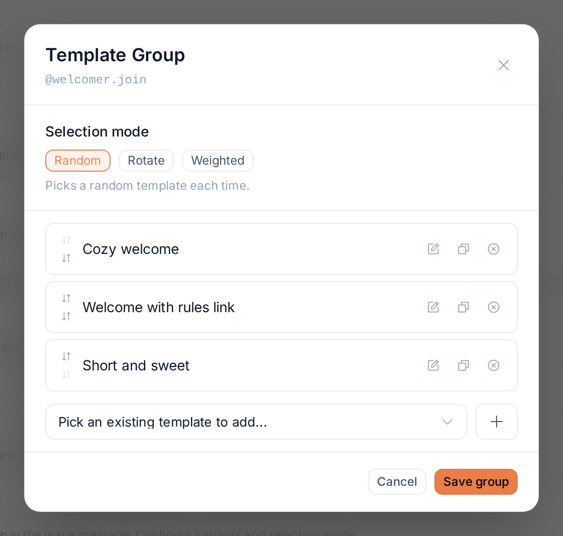 The Template Group dialog for the join message