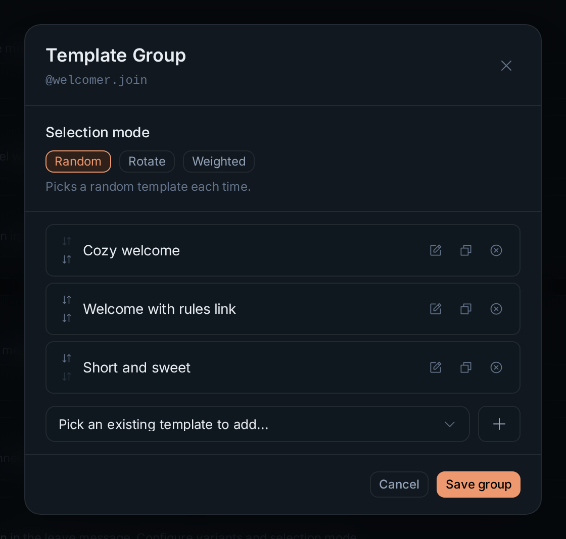 The Template Group dialog for the join message